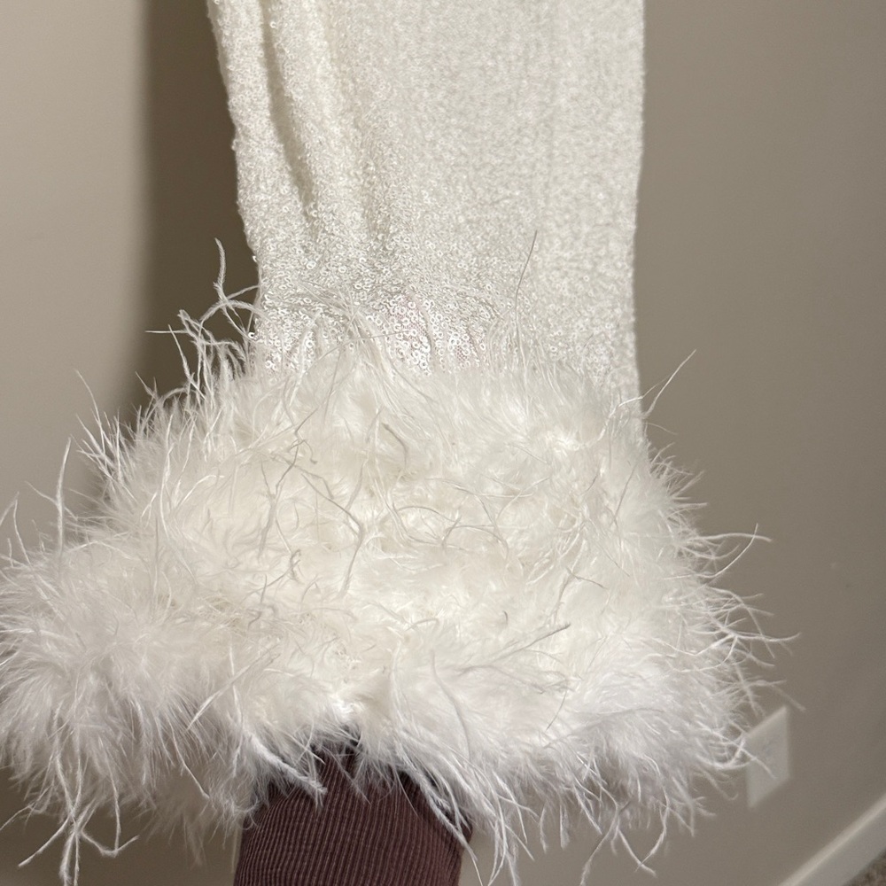 Peppermayo White Beaded Mini Dress with Feather Hem - Picture 4 of 4